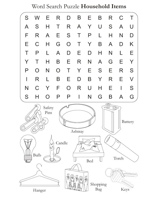 Word Search Puzzle Houehold Items