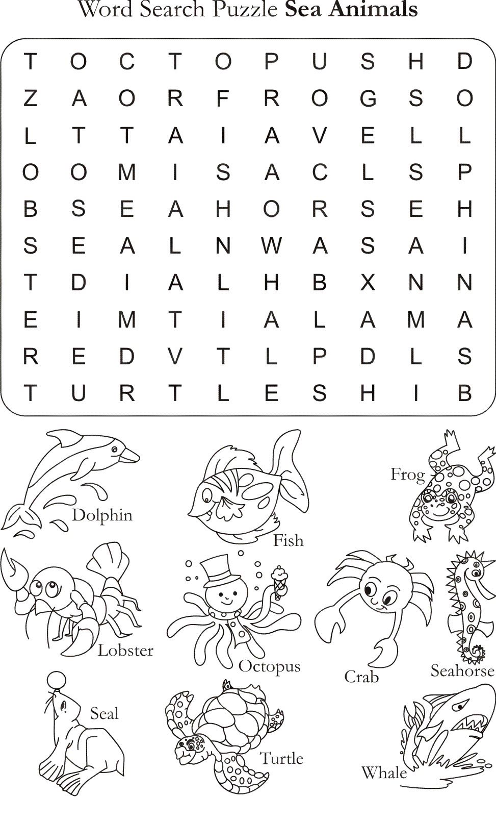 Word Search Puzzle Sea Animals