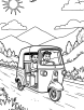 Auto rickshaw in a scenic landscape coloring page