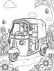 Auto rickshaw surrounded by flowers coloring page