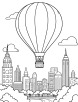 Hot air balloon and a city skyline coloring page