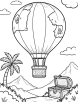 Hot air balloon with a treasure box coloring page