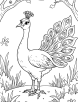 Peacock in an enchanted garden coloring page