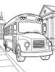 School bus driving through town coloring page