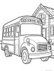 School bus in front of a school coloring page