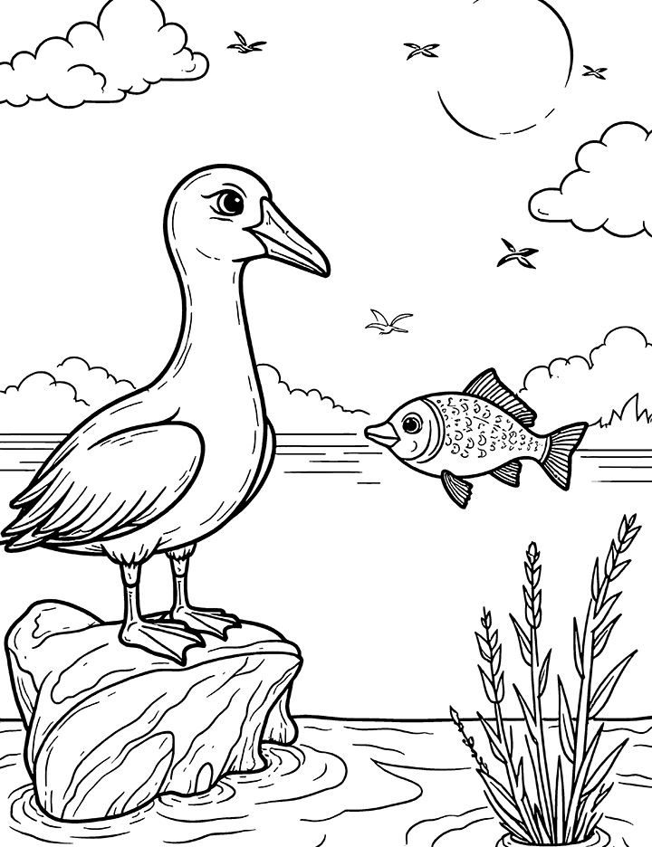 Albatross and fish coloring page