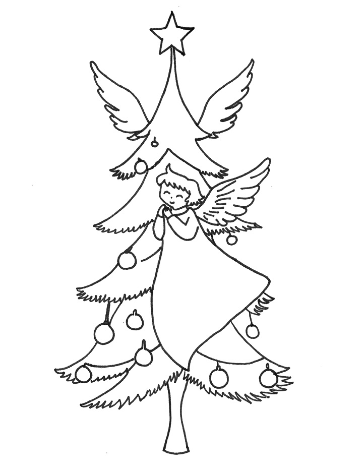 Angel with Christmas tree coloring page