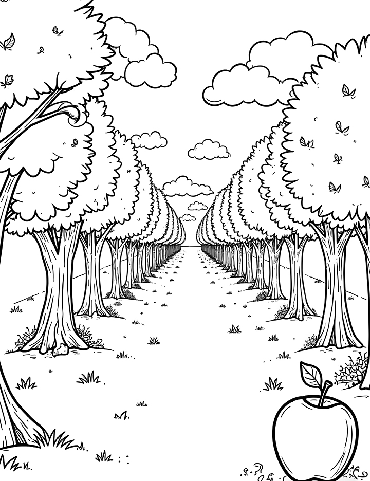 Apple themed orchard coloring page