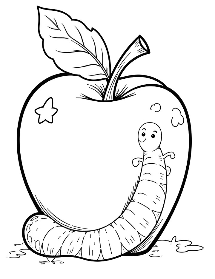 Apple with worm coloring page