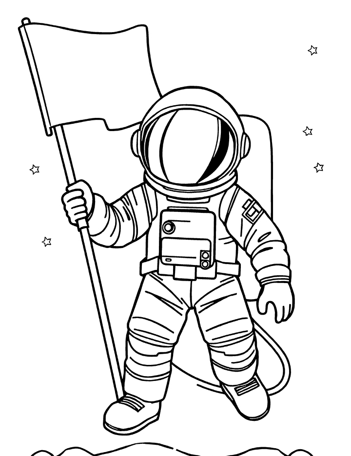 Astronaut with a flag coloring page