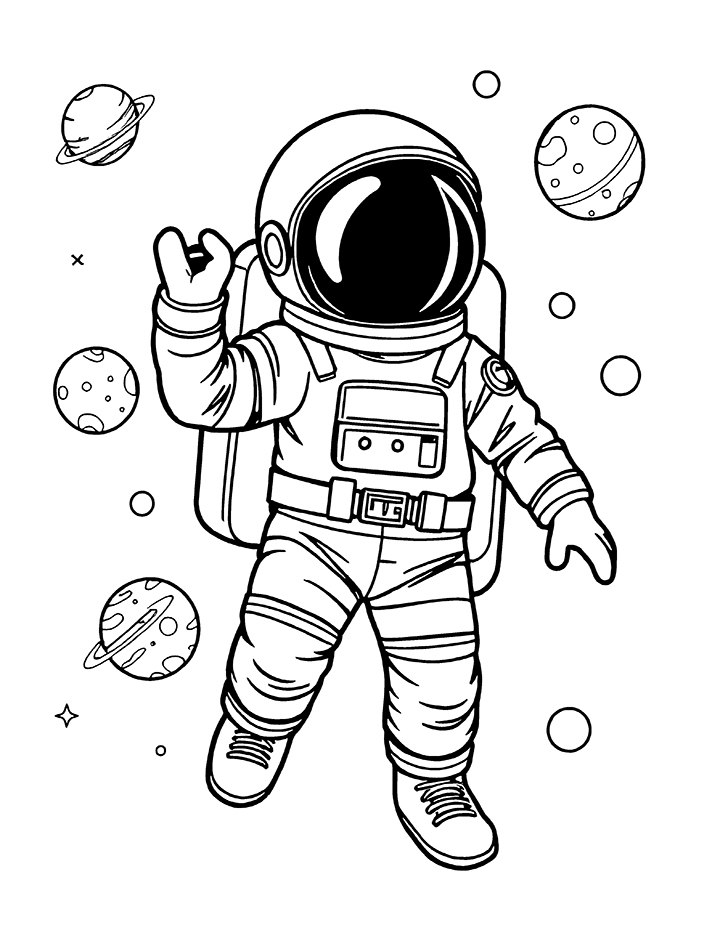 Astronaut with planets coloring page 2