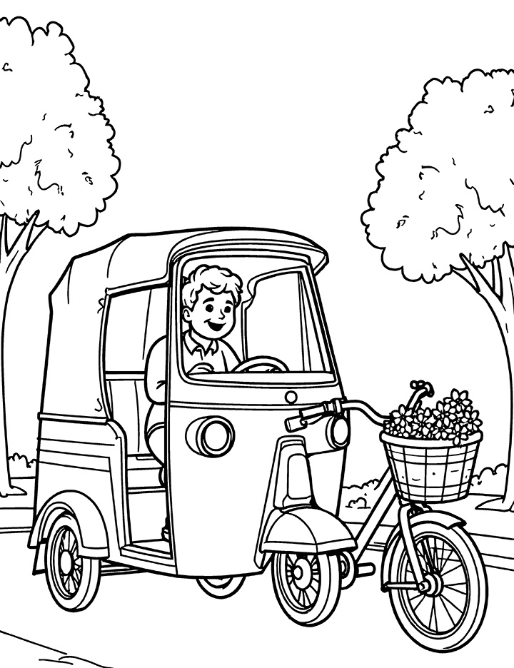 Auto rickshaw and a bicycle coloring page