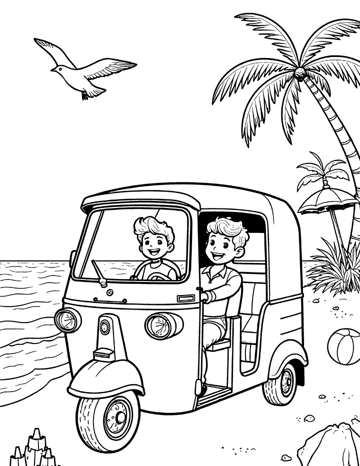 Auto rickshaw at a beach coloring page