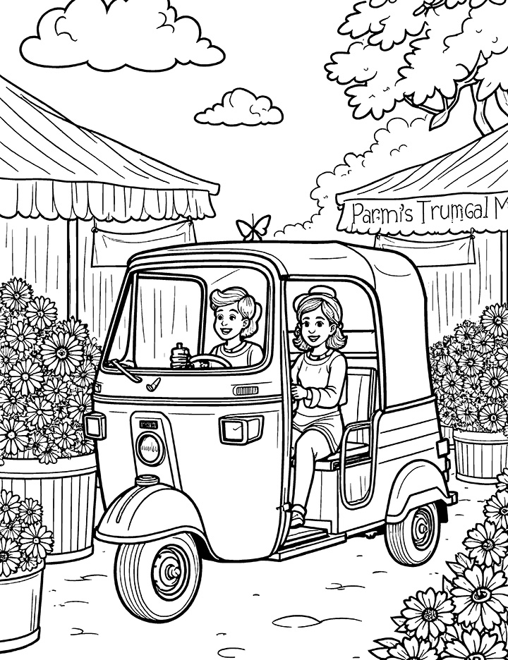 Auto rickshaw at a flower market coloring page 1