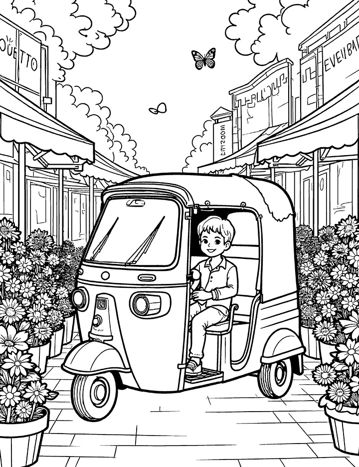 Auto rickshaw at a flower market coloring page