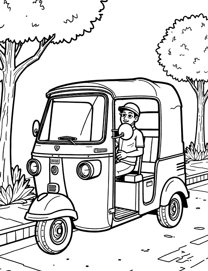 Auto rickshaw at a roadside coloring page