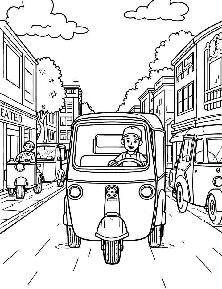 Auto rickshaw in a busy street coloring page