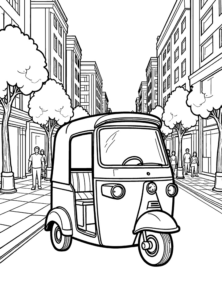 Auto rickshaw in a city scene coloring page