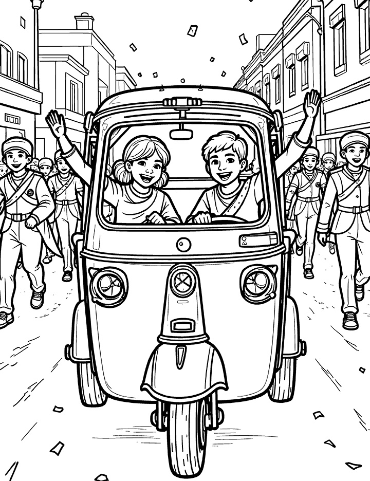 Auto rickshaw in a parade coloring page