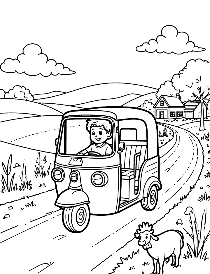 Auto rickshaw in a rural setting coloring page