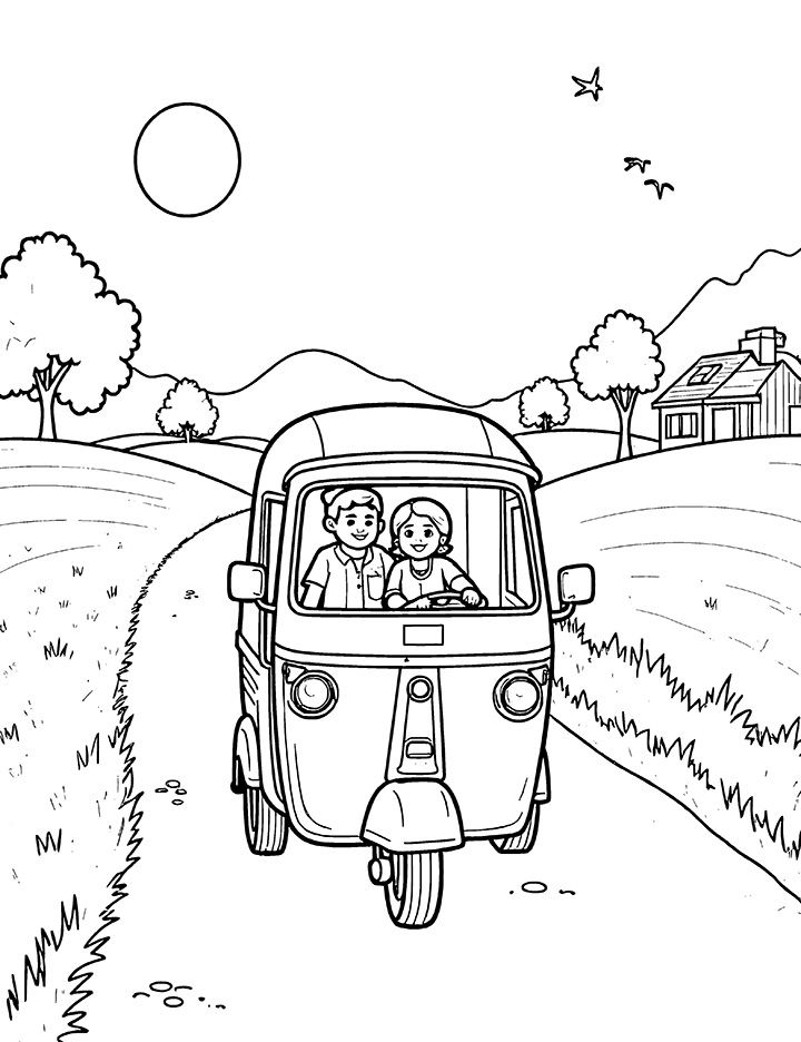 Auto rickshaw on a rural road coloring page