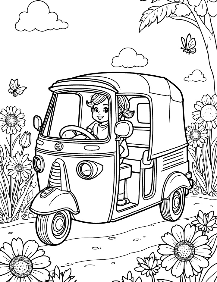 Auto rickshaw surrounded by flowers coloring page