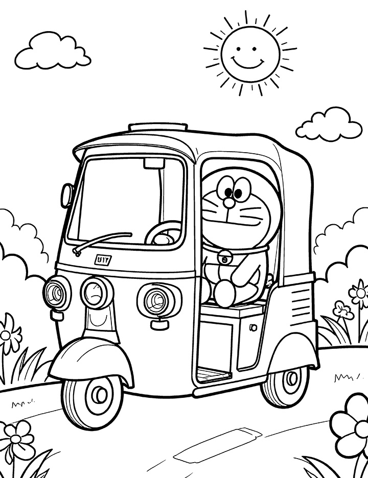 Auto rickshaw with a cartoon character coloring page