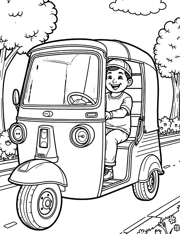 Auto rickshaw with a happy driver coloring page