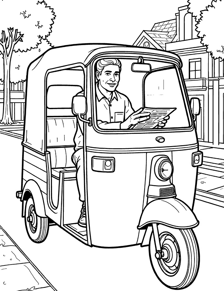 Auto rickshaw with a map coloring page 1