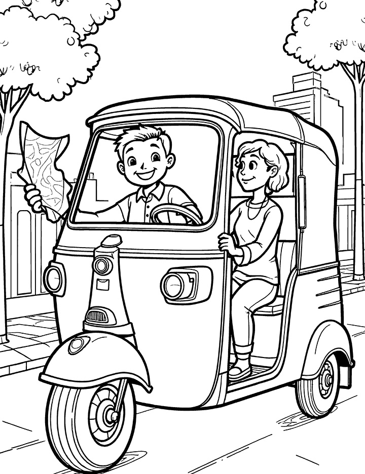 Auto rickshaw with a map coloring page