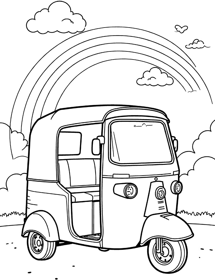 Auto rickshaw with a rainbow coloring page