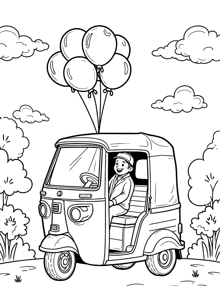 Auto rickshaw with balloons coloring page