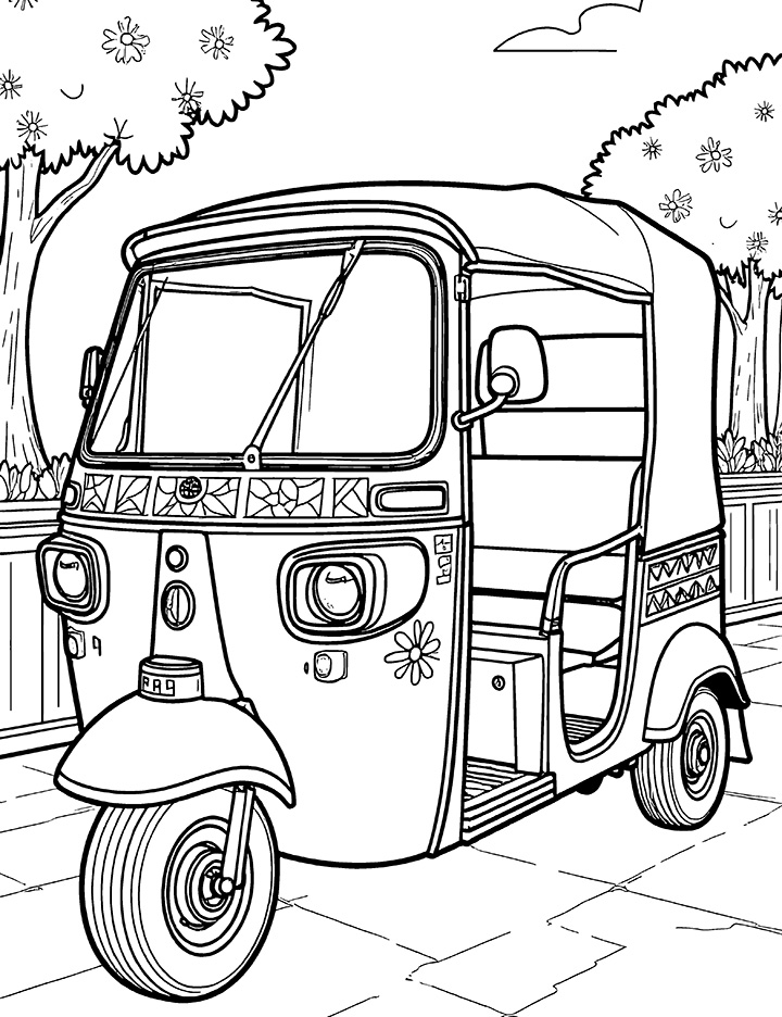 Auto rickshaw with colorful designs coloring page