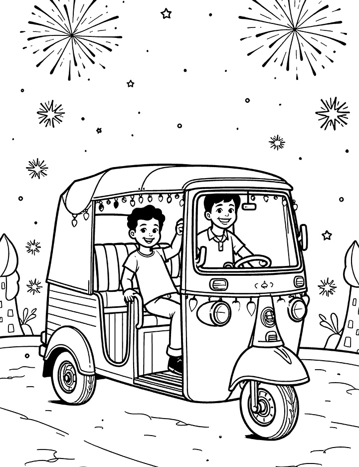 Auto rickshaw with colorful lights coloring page