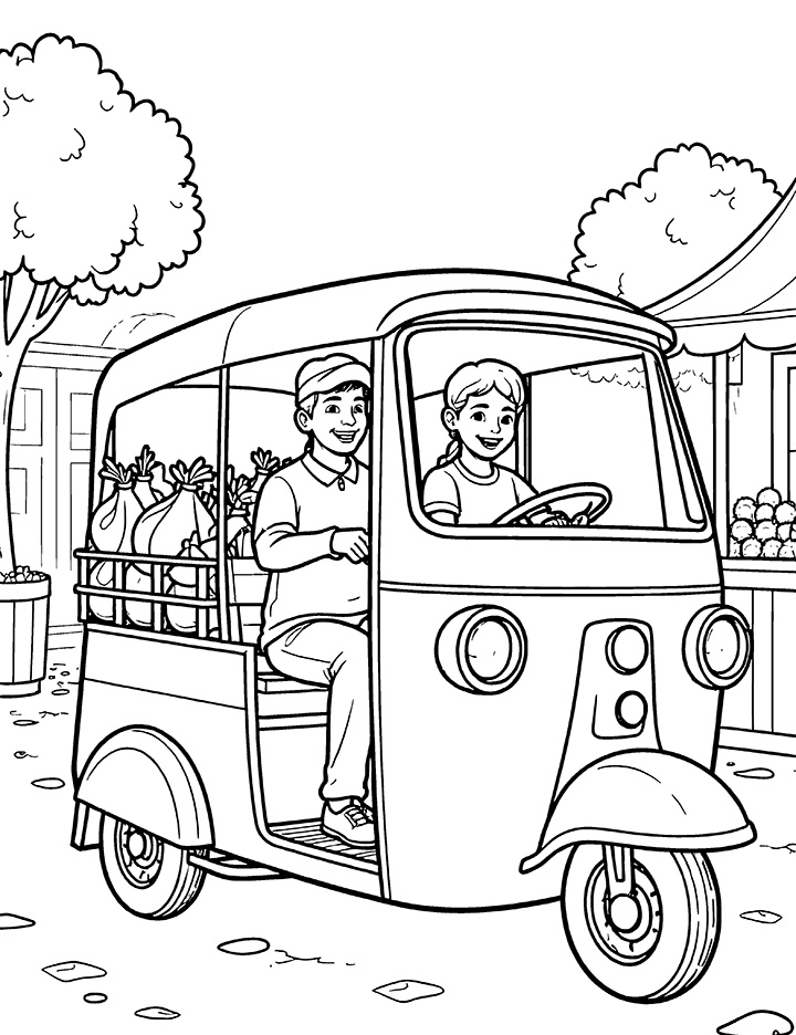 Auto rickshaw with food items coloring page