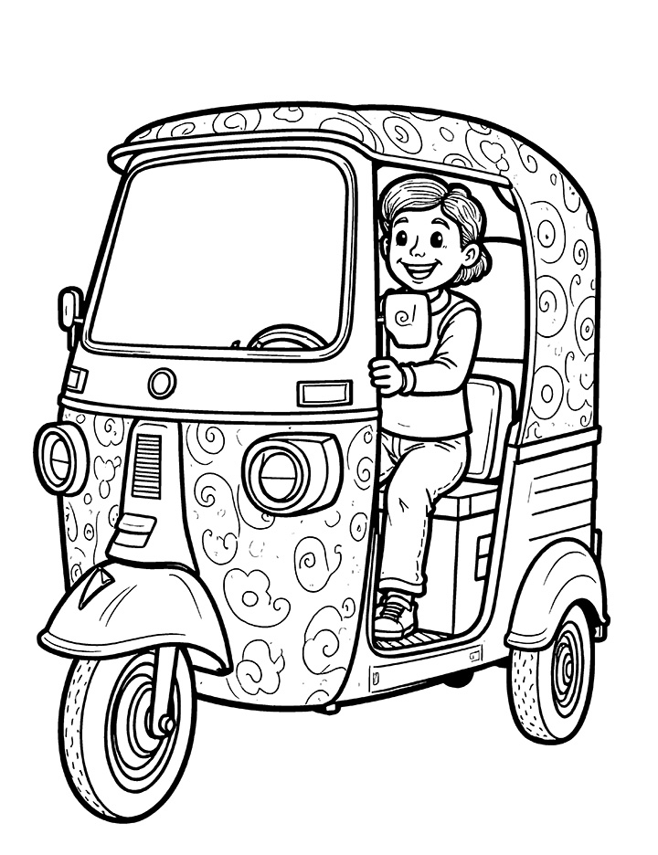 Auto rickshaw with fun patterns coloring page