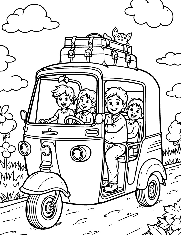 Auto rickshaw with happy passengers coloring page