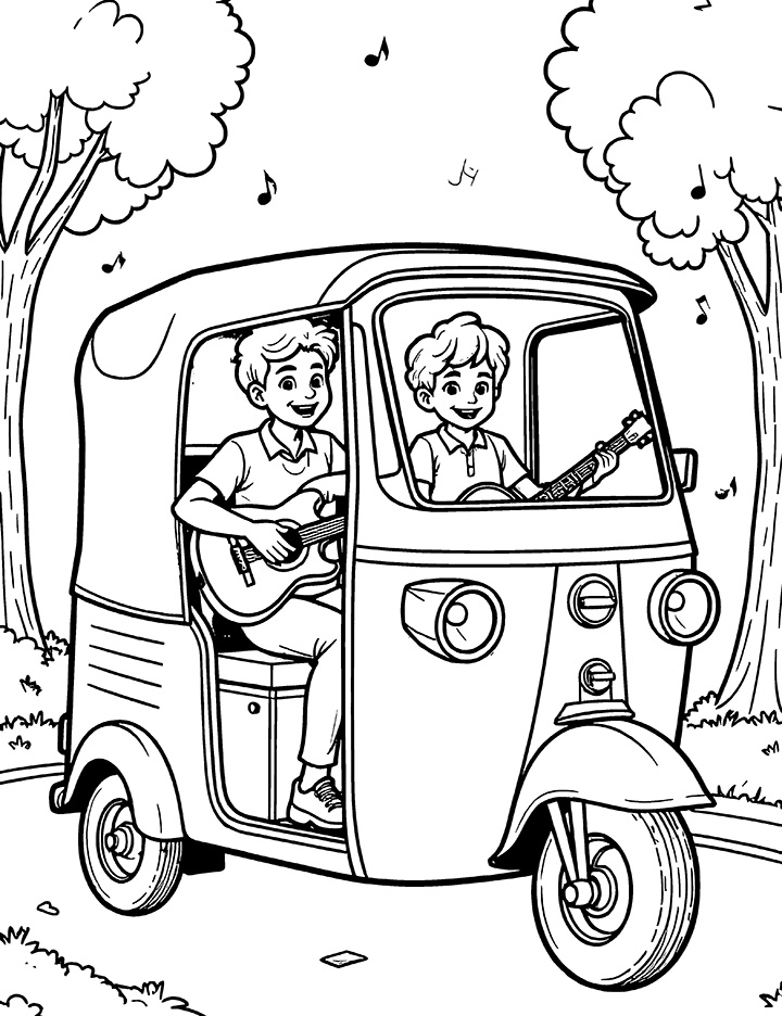 Auto rickshaw with musical instruments coloring page