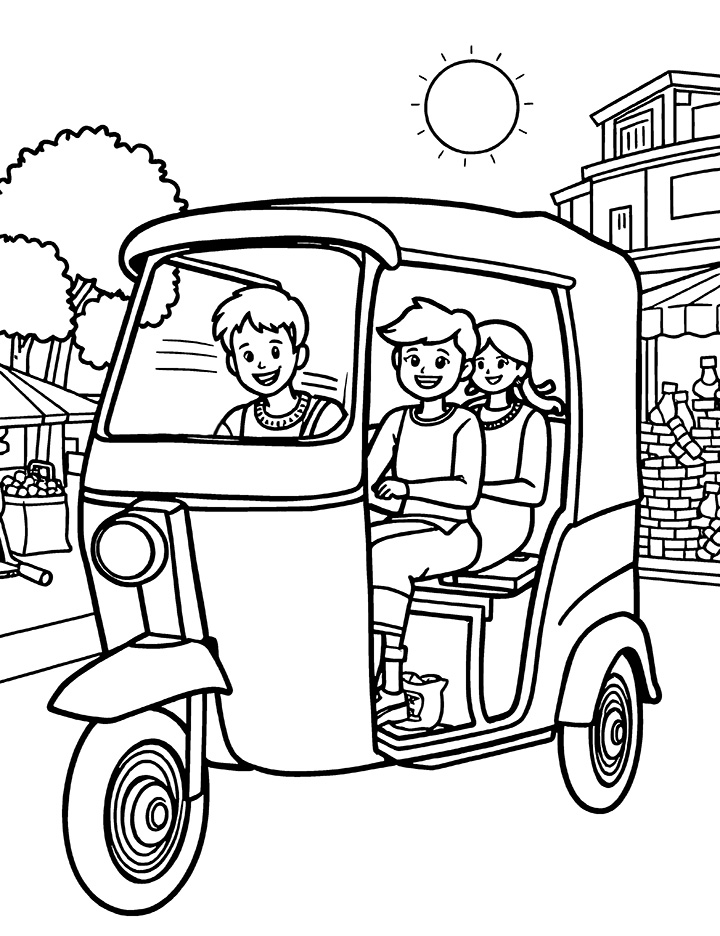 Auto rickshaw with passengers coloring page