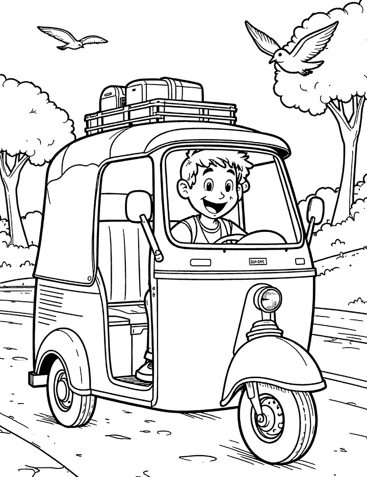 Auto rickshaw with travel gear coloring page