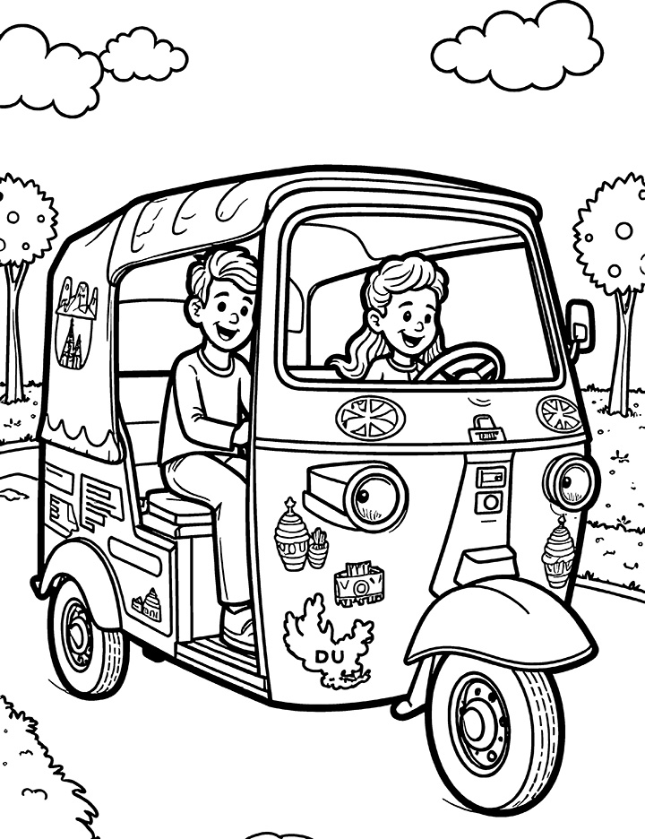 Auto rickshaw with travel stickers coloring page