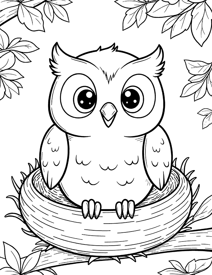 Baby owl in a nest coloring page