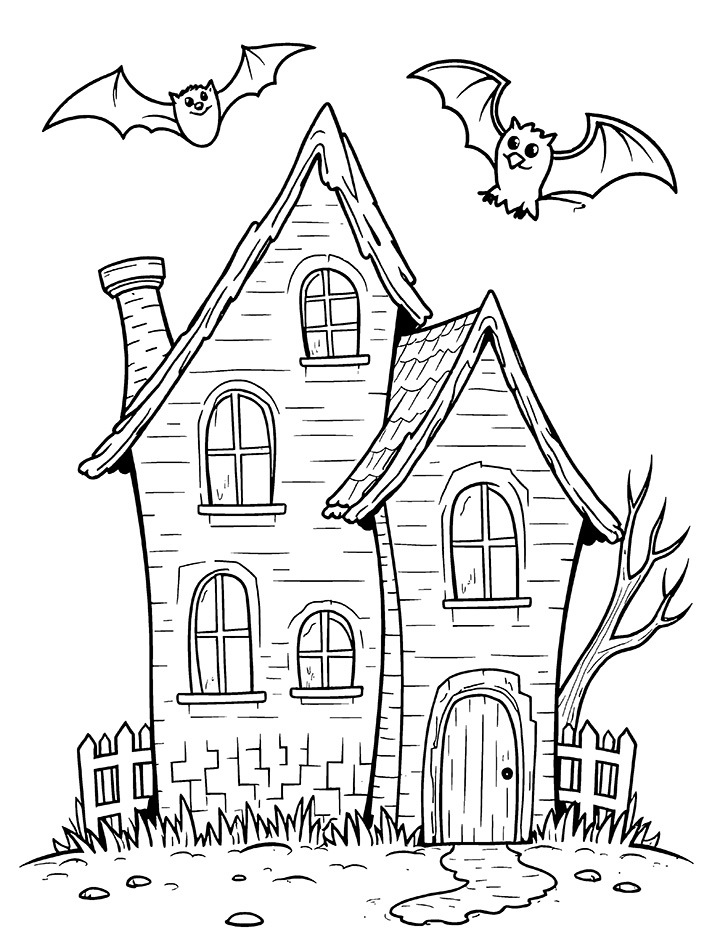 Bat and haunted house coloring page