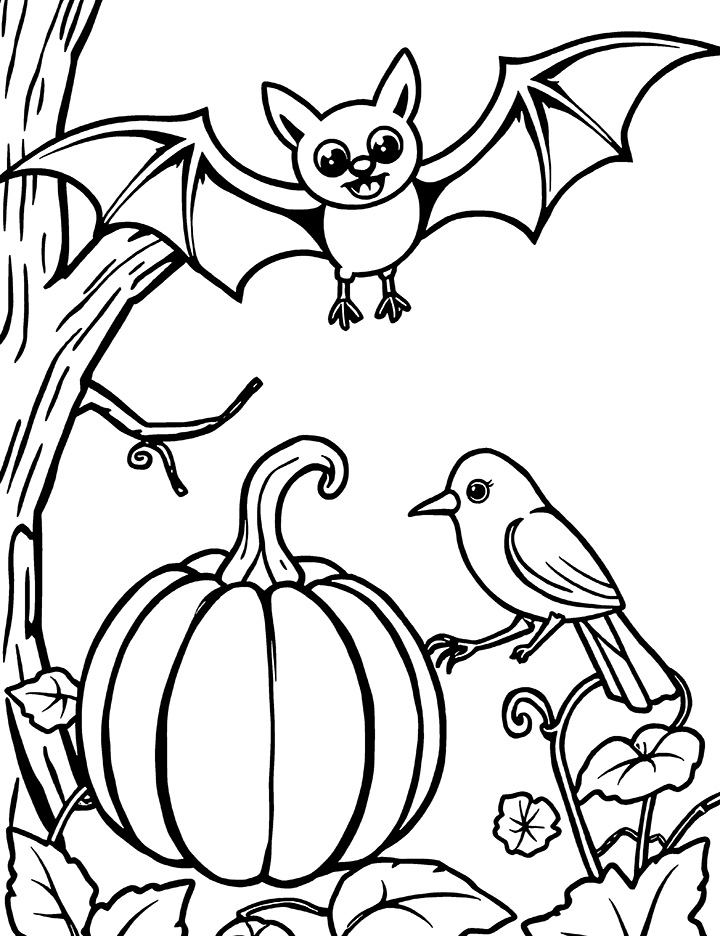 Bat and pumpkin coloring page