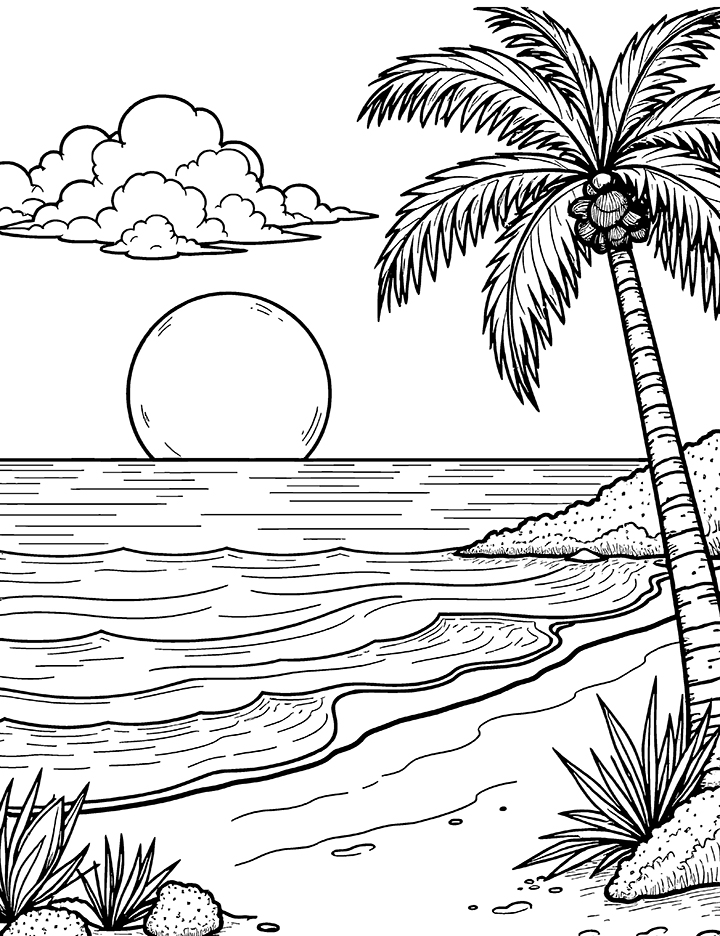 Beach with a sunset coloring page