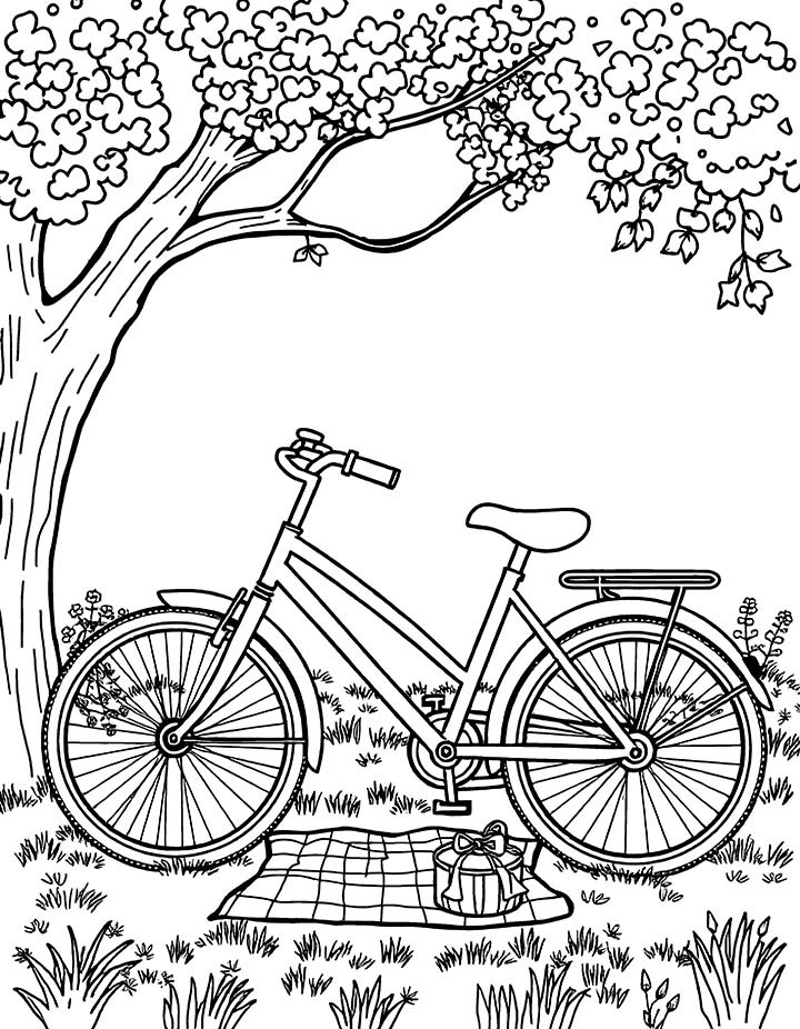 Bicycle and a picnic coloring page