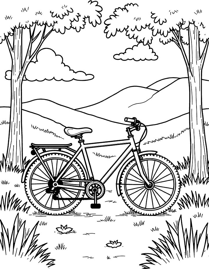 Bicycle and nature scene coloring page