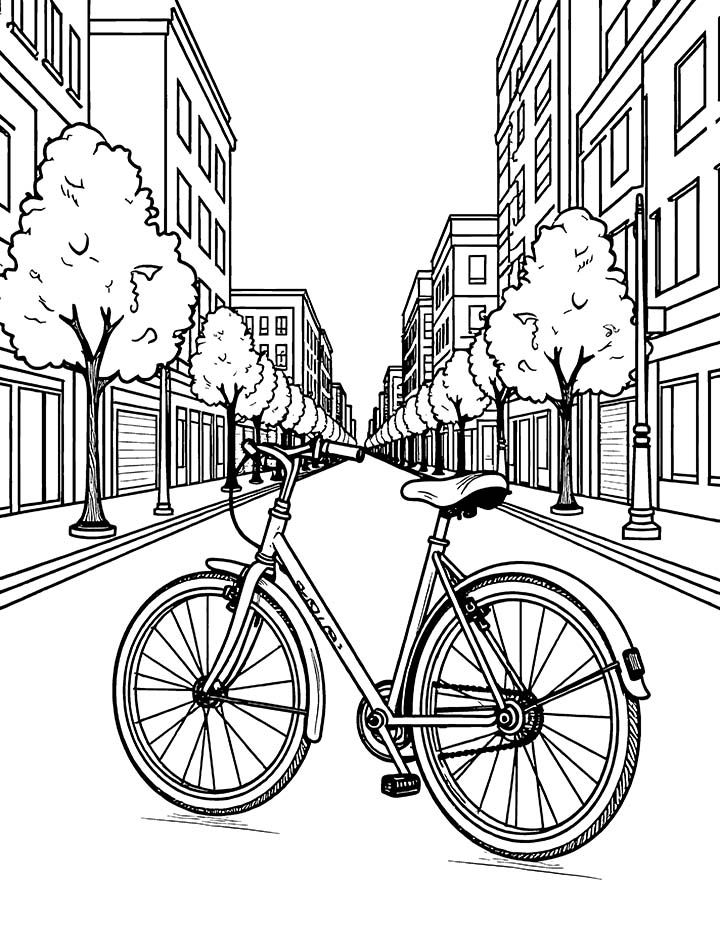 Bicycle in a city coloring page