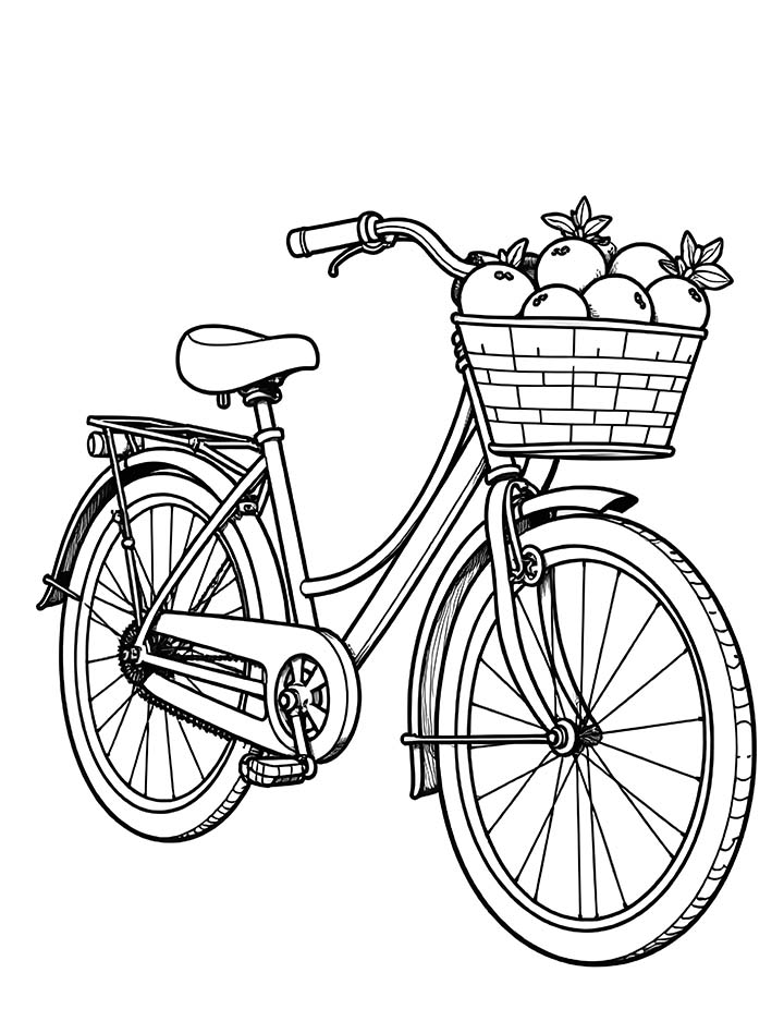 Bicycle with a basket of fruits coloring page