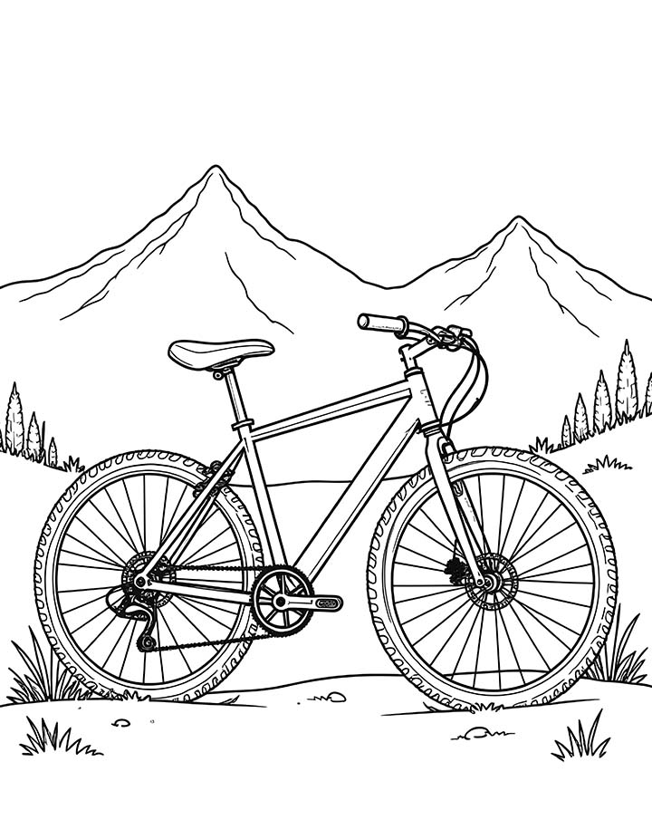 Bicycle with a mountain backdrop coloring page